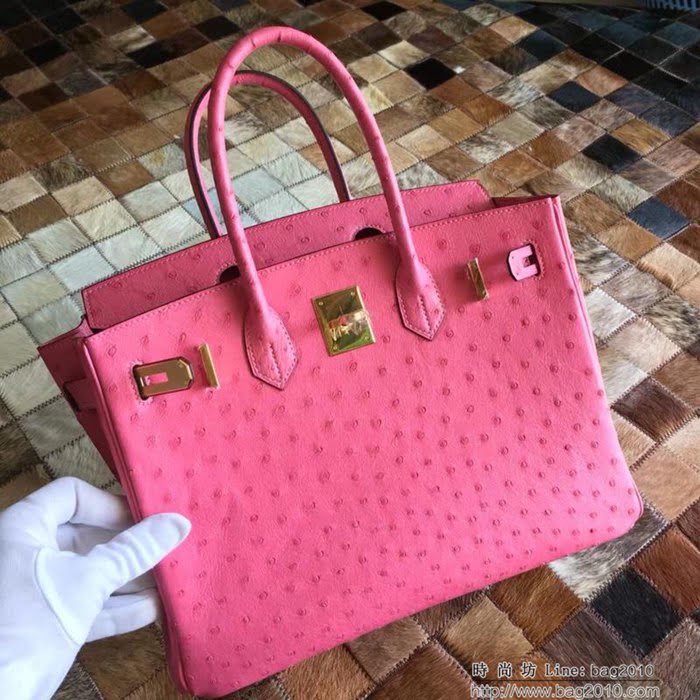 HERMES愛馬仕 鉑金包 Birkin 30 南非原產KK級鴕鳥皮 頂級工藝 櫻花粉 手縫蠟線 手提包  Ama1241